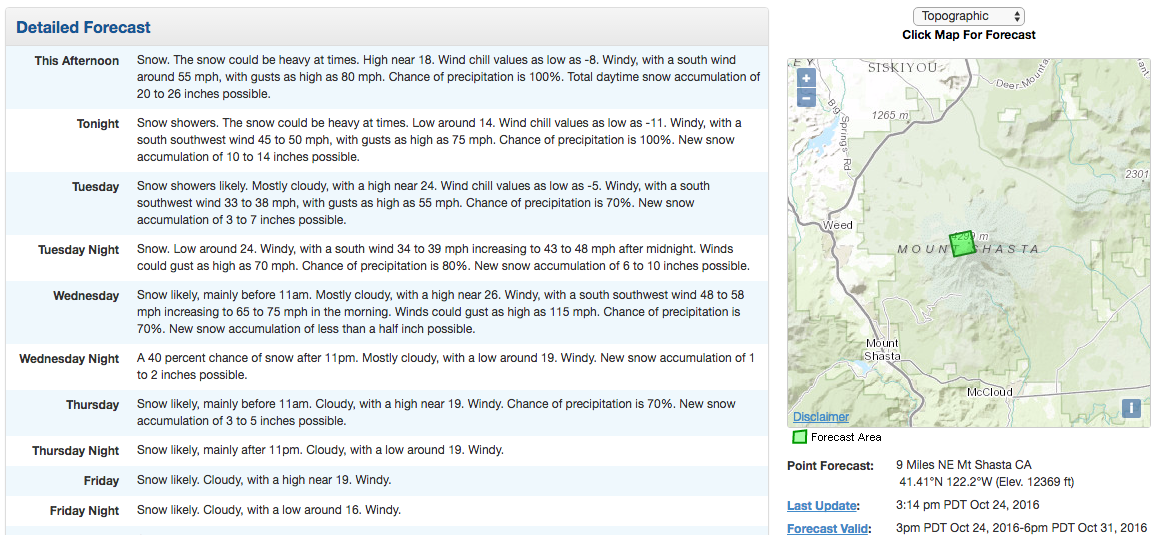 39-60" of snow forecast for Mt. Shasta, CA next 4 days. image: noaa, today
