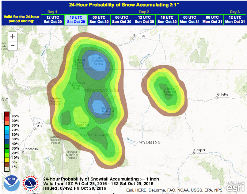 Snowfall probability for Wyoming on Friday looking good.  image:  noaa, today