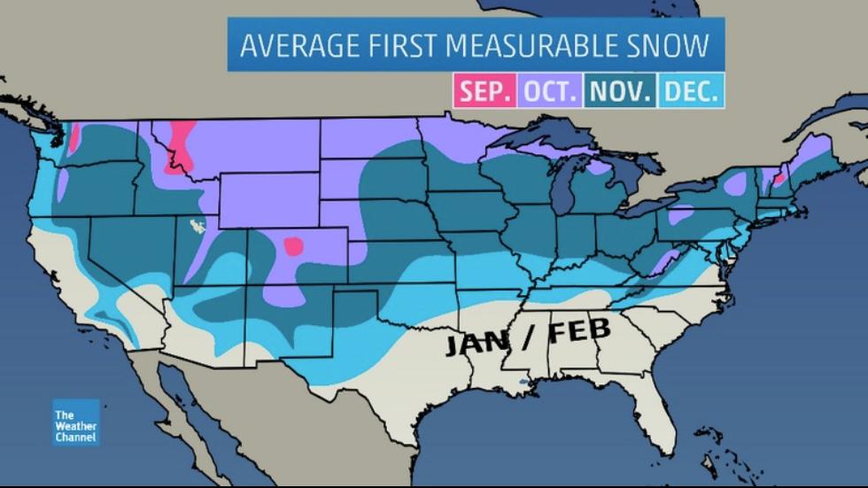 Month of the average first accumulating (0.1 inch or greater) snowfall of the season, according to 30-year average statistics. Credit: NOAA/NWS