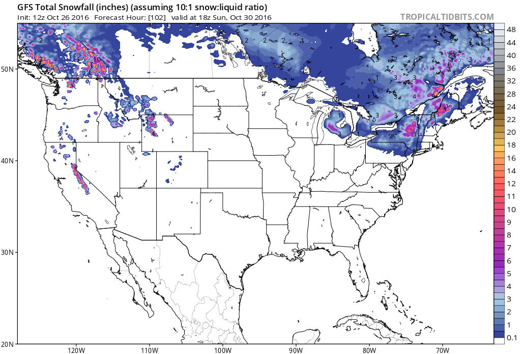 GFS forecast model showing decent amounts of snowfall in California