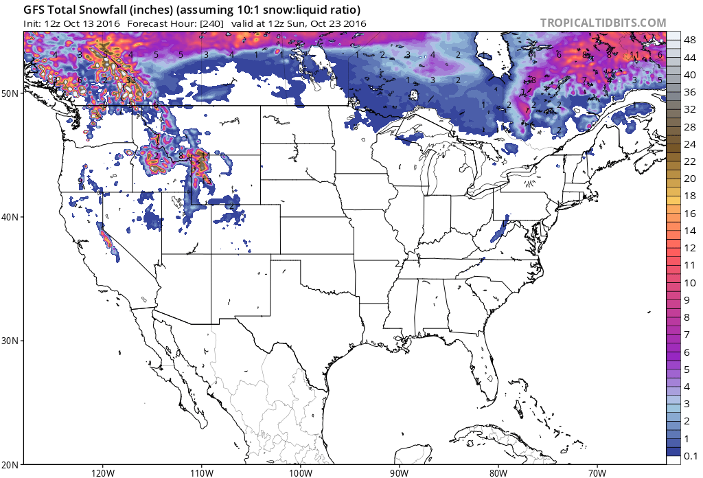 10-day snowfall forecast in USA from GFS model. image: tropical tidbits
