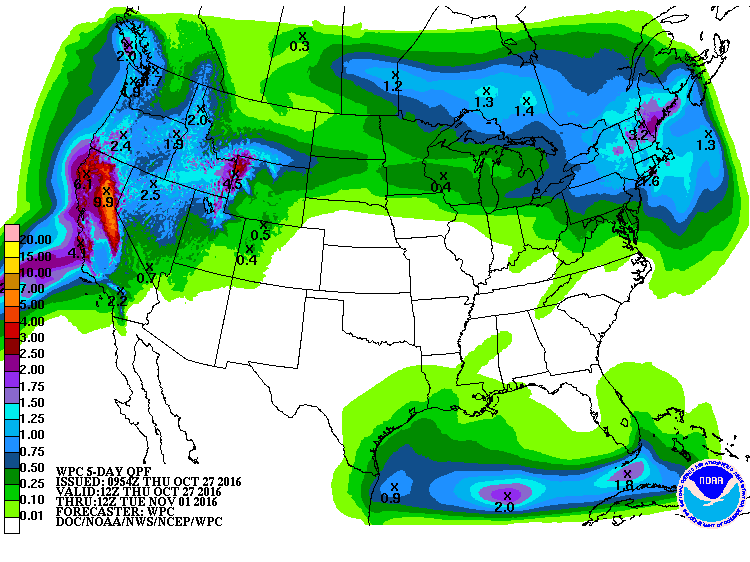 5 day precipitation forecast map showing big numbers for California and Mt Shasta. image: noaa, today