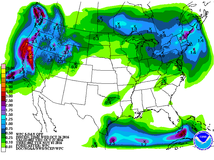 Up to 8.3" of precipitation forecast for California in the next 5 days. image: noaa, today