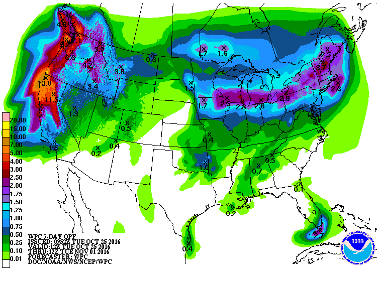 Up to 13" of precipitation forecast for northern California in the next 7 days. image: noaa, today