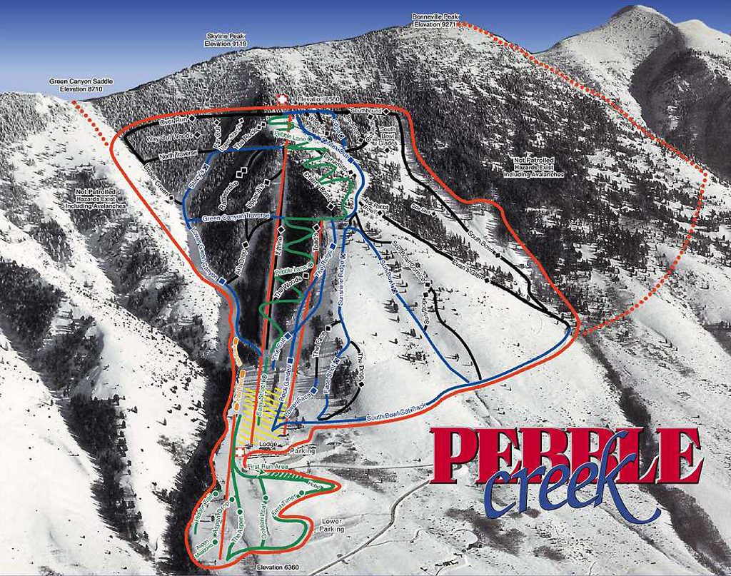 Pebble Creek Ski Area's trail and lift map. It sure would be fun to be there on one of those empty chair pow days. Source; onthesnow.com ()