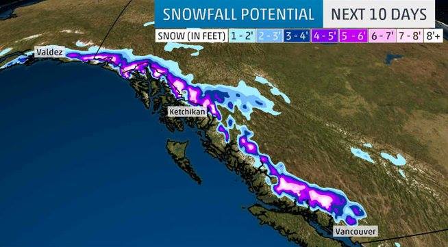10-day snow forecast showing huge amounts of snow for B.C. and Alaska. image: the weather channel
