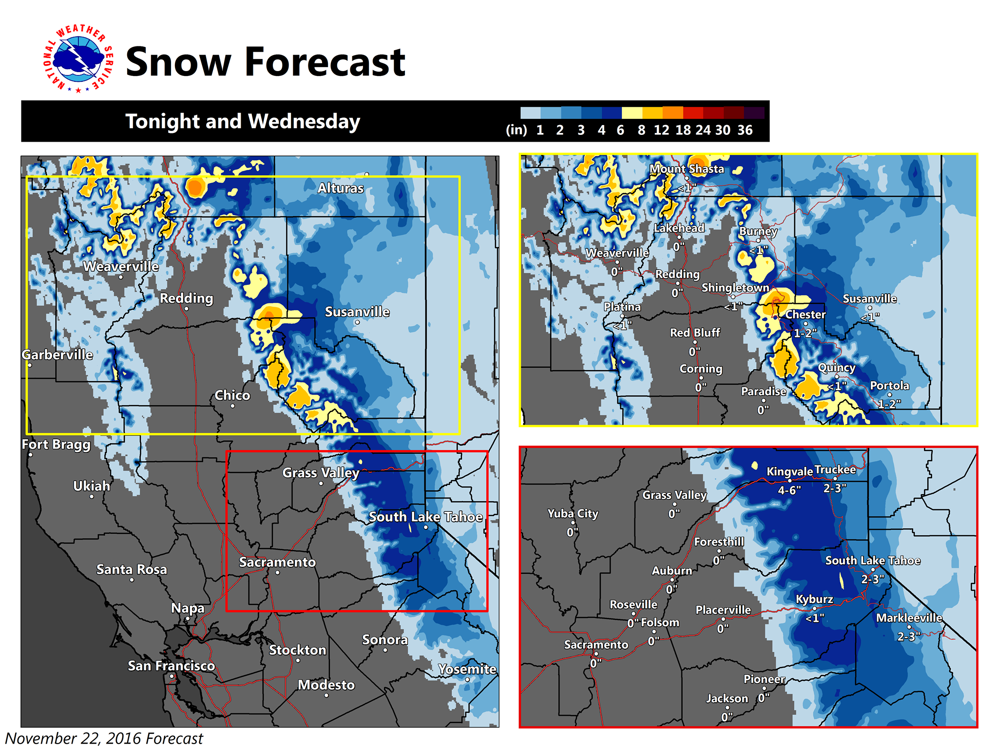 Snowfall forecast map for NorCal looking good. image: noaa, today