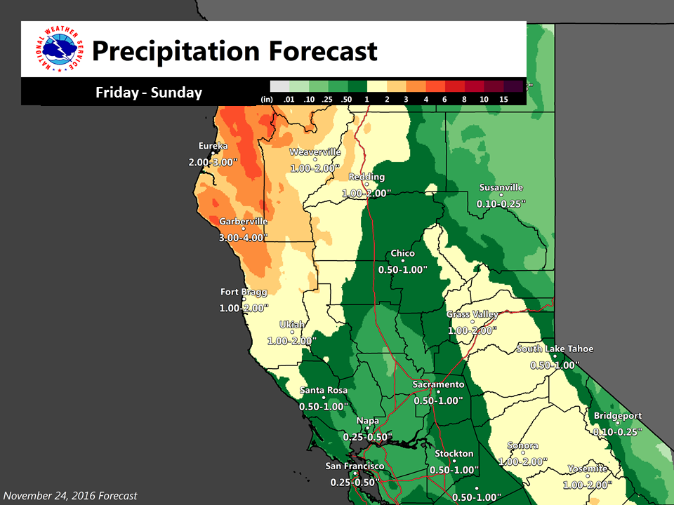 Big precipitation forecast in CA today and tomorrow. image: noaa, today
