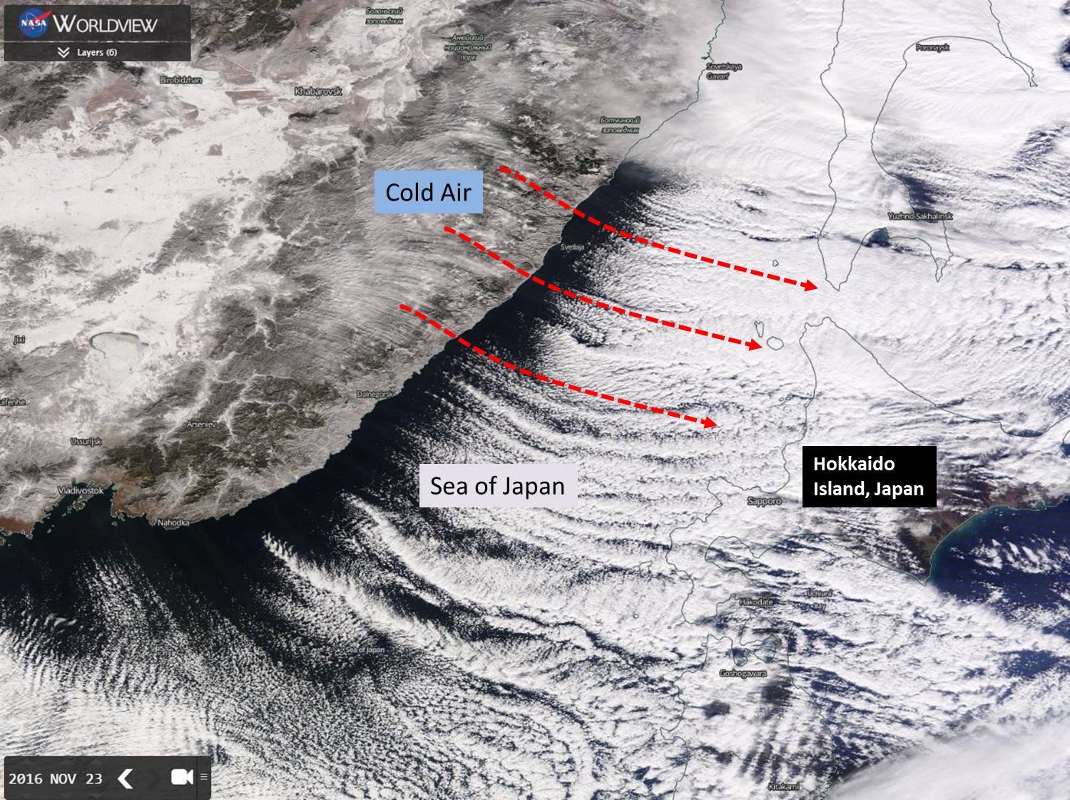 "Sea-Effect" snow pummeling Japan yesterday. image: nasa