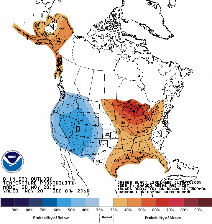 NOAA's 8-14 day temperature outlook is showing below average temps all over the western USA. image: noaa, today