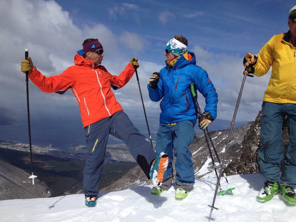 Chris Davenport and Todd Offenbacher on top at the Marcial Glacier, Ushuaia, Argentina yesterday. photo: snowbrains