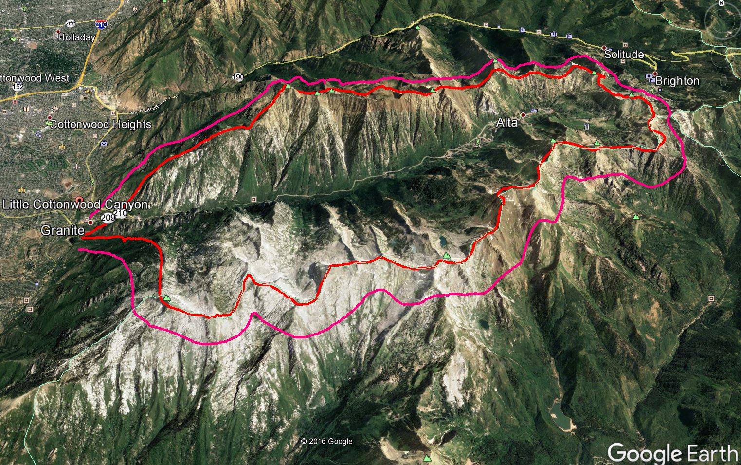 All of Little Cottonwood Canyon (outlined in red) PLUS a 1km buffer over the ridgeline (in pink) will be closed for backcountry use when UDOT is shooting, and even 12 hours before.