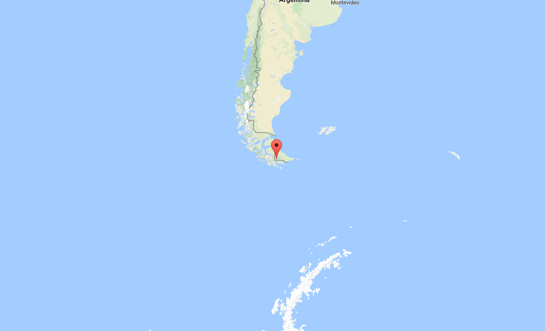 Map with pin showing Ushuaia, Argentina. Antarctic Peninsula, where we're headed, on bottom of map in white. 