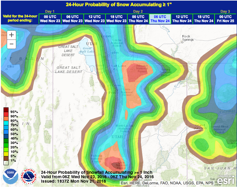 Strong probability of snow in Utah on Tues/Wed. image: noaa, today