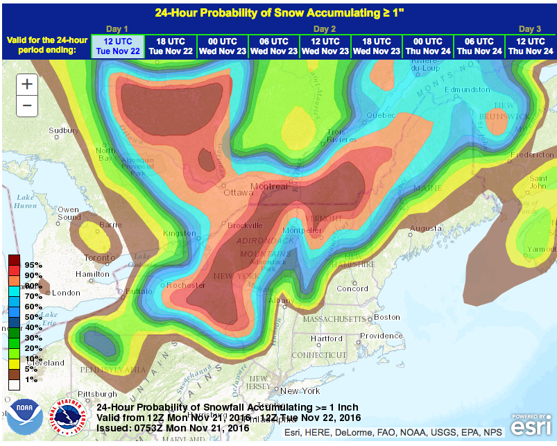 Very high snowfall probability in the Northeast tomorrow. image: noaa, today