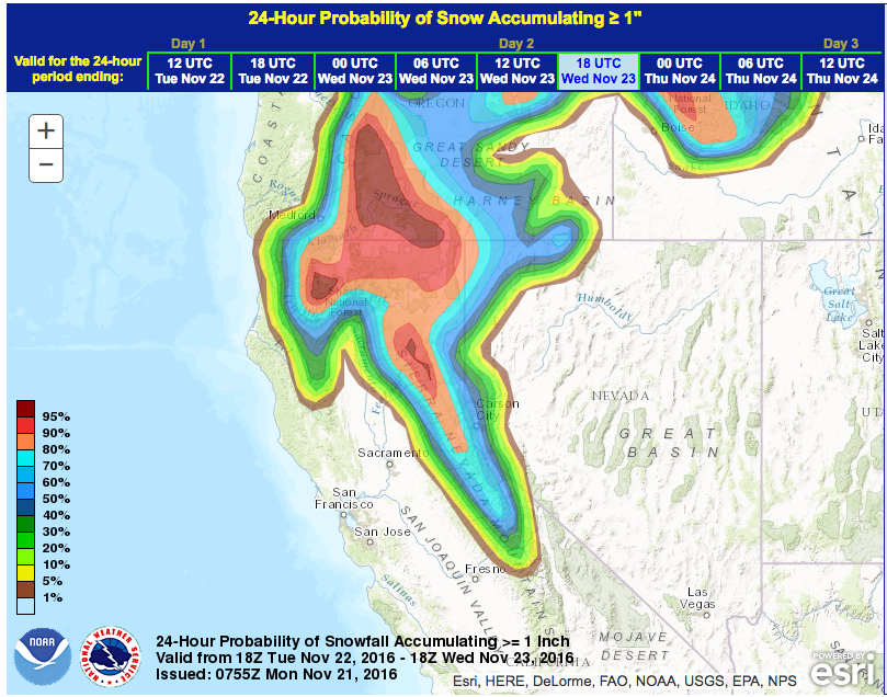 High snowfall probability for CA on Tuesday/Wednesday. image: noaa, today