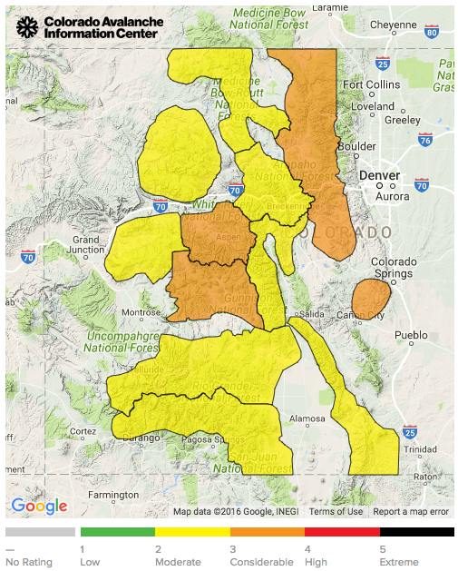 Avalanche danger is Moderate to Considerable in CO right now.  image:  CAIC, today