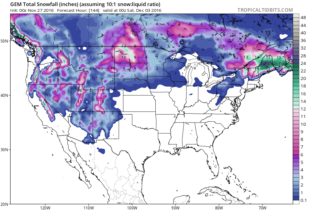 Big snow forecast all over the Western USA next 7 days according to the GEM model. image: tropical tidbits