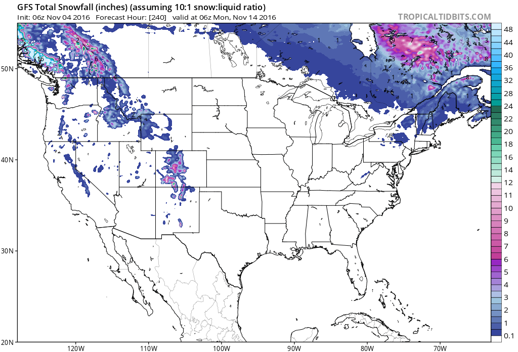 10-day snowfall forecast by the GFS showing big snow in southern B.C. image: tropicaltidbits.com