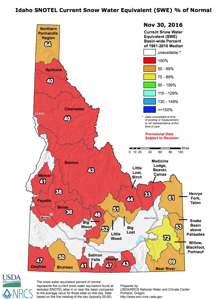Idaho Snowpack percentages of average today. image: nrcs, today