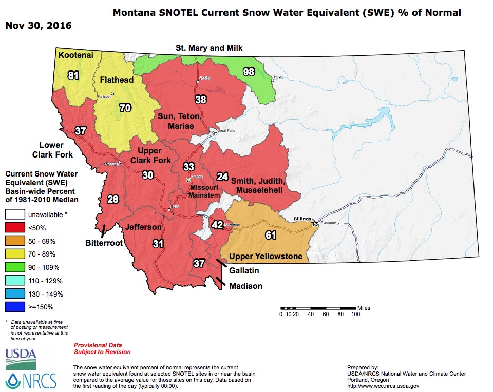 Montana Snowpack percentages of average today. image: nrcs, today