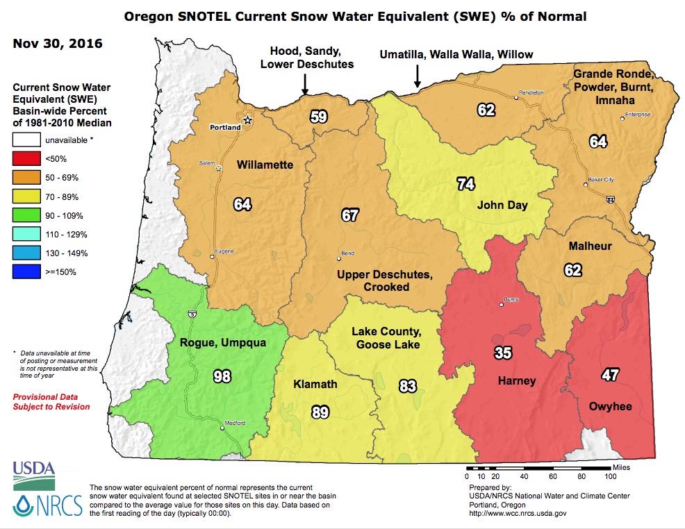 Oregon Snowpack percentages of average today. image: nrcs, today