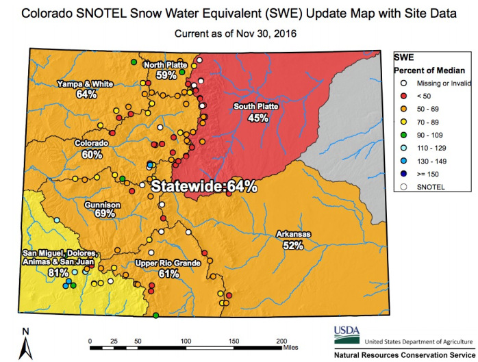 Colorado Snowpack percentages of average today. image: nrcs, today