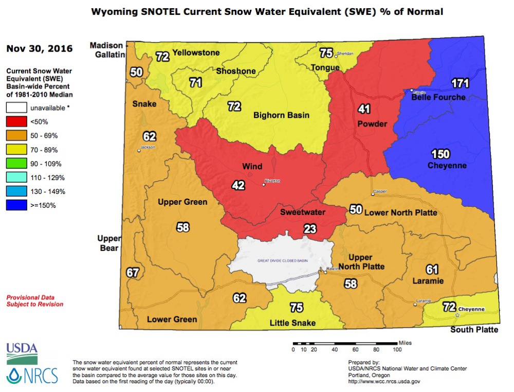 Wyoming Snowpack percentages of average today. image: nrcs, today