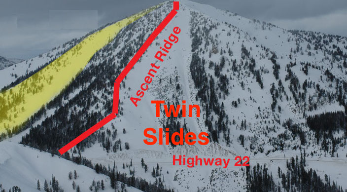 Twin Slides area is great for skiing and has serious avalanche potential. This is the zone that avalanched on Teton Pass today. image: Creative Commons