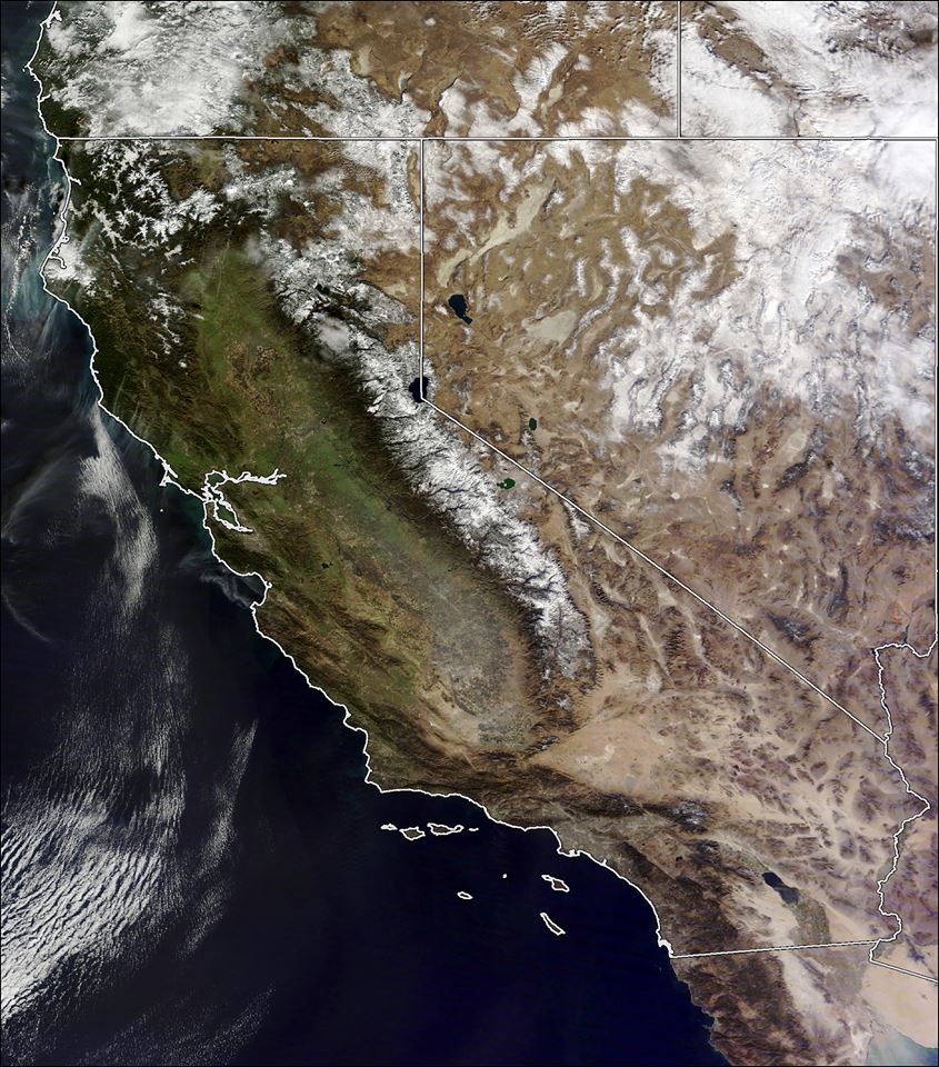 Northern California looking very green and white today from space. image: nasa