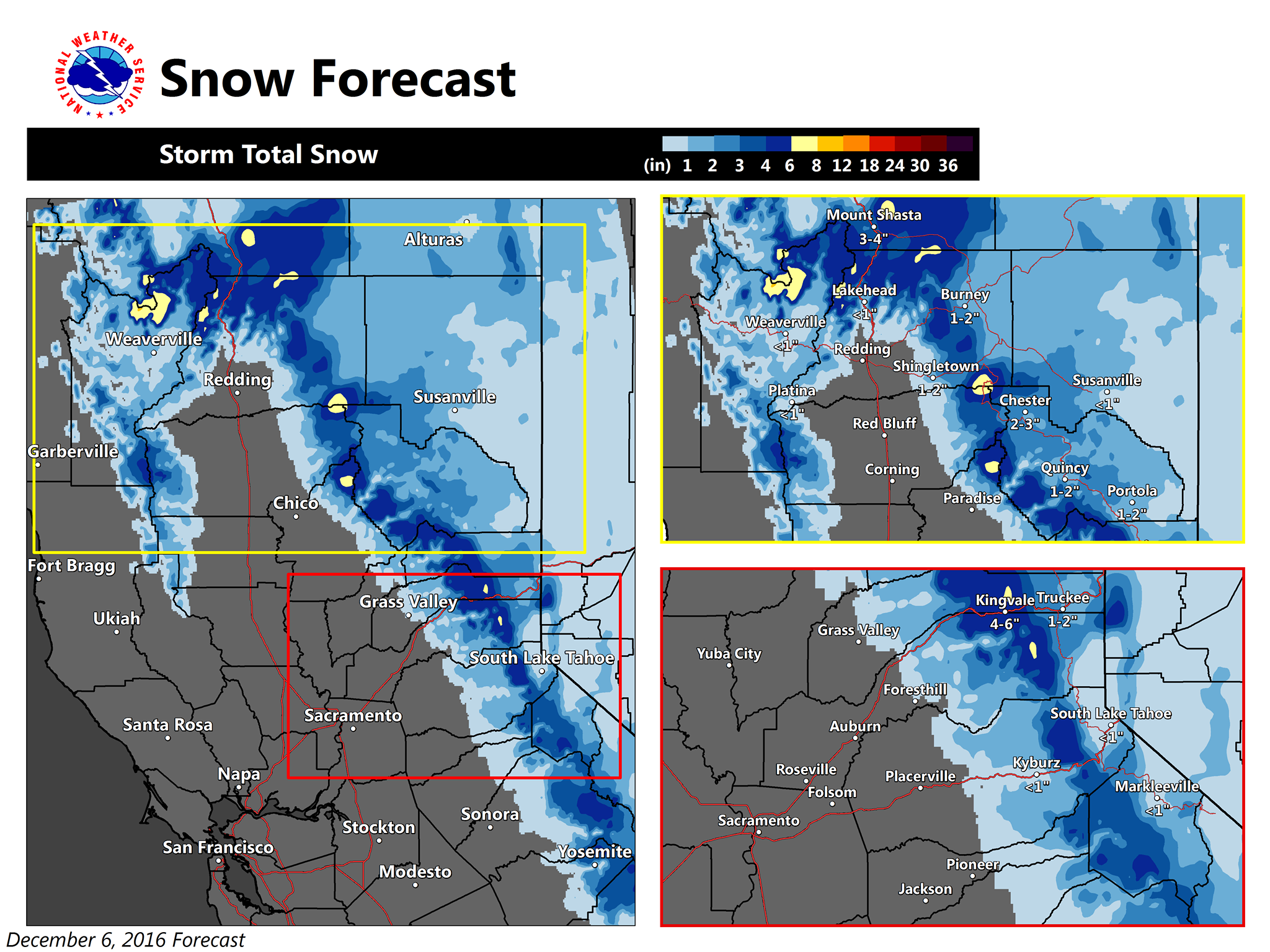 Snow Forecast for California today. image: noaa, today