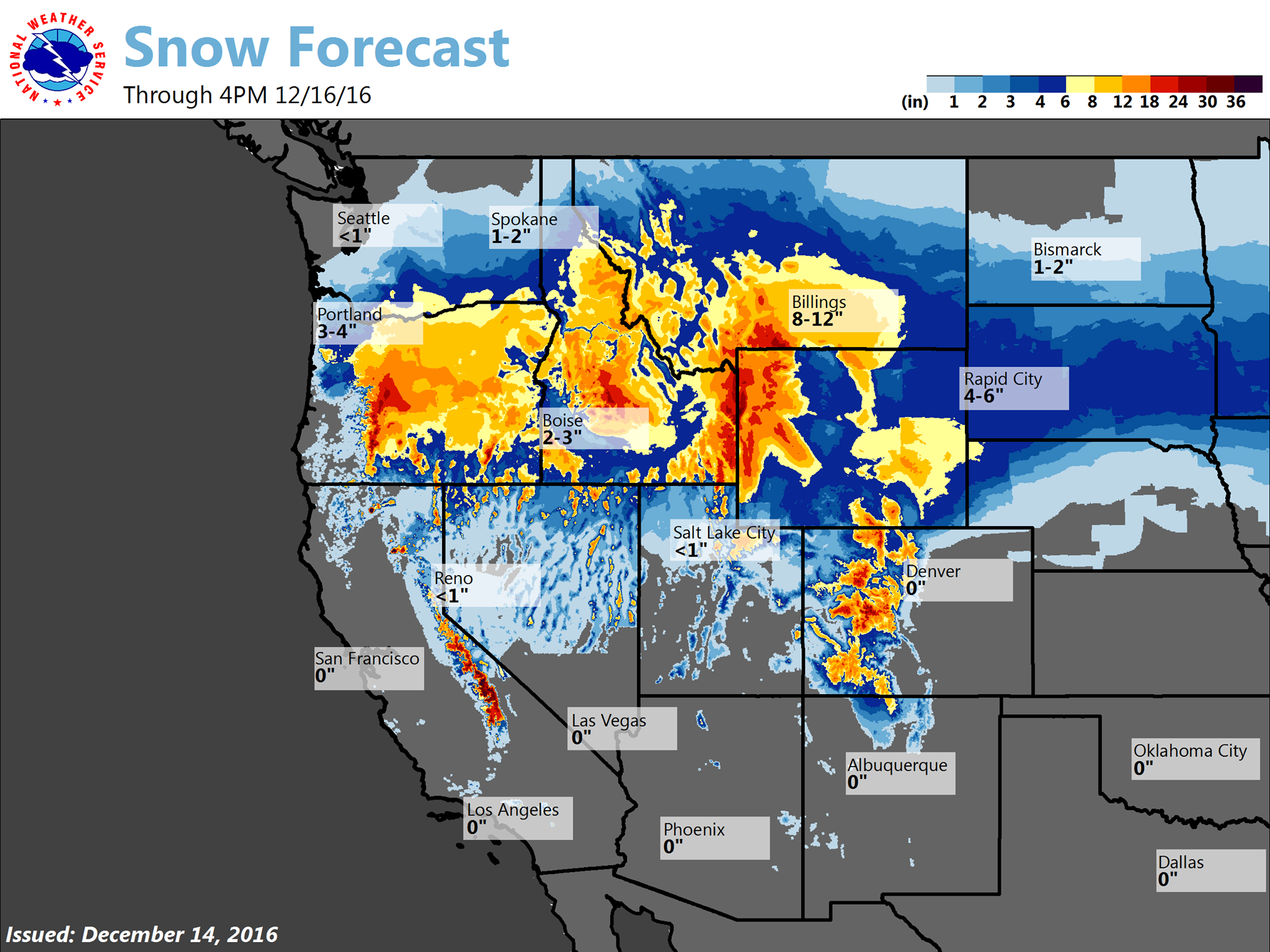 Big snow forecast in the western USA today and tomorrow.  image:  noaa, today