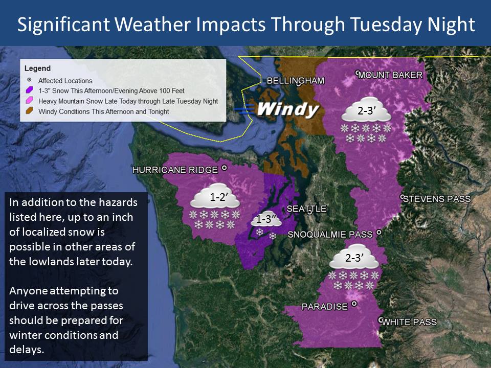 "1 to 3 feet of new snow is possible in the passes late today through Late Tuesday night, and travelers should be prepared for winter conditions. Precipitation in the lowlands today could also start as snow before changing to rain, with 1 to 3 inches of accumulation possible in Kitsap County and the Hood Canal area, and less than in inch of accumulation in other isolated areas. Windy conditions are in store for the north interior." - NOAA today