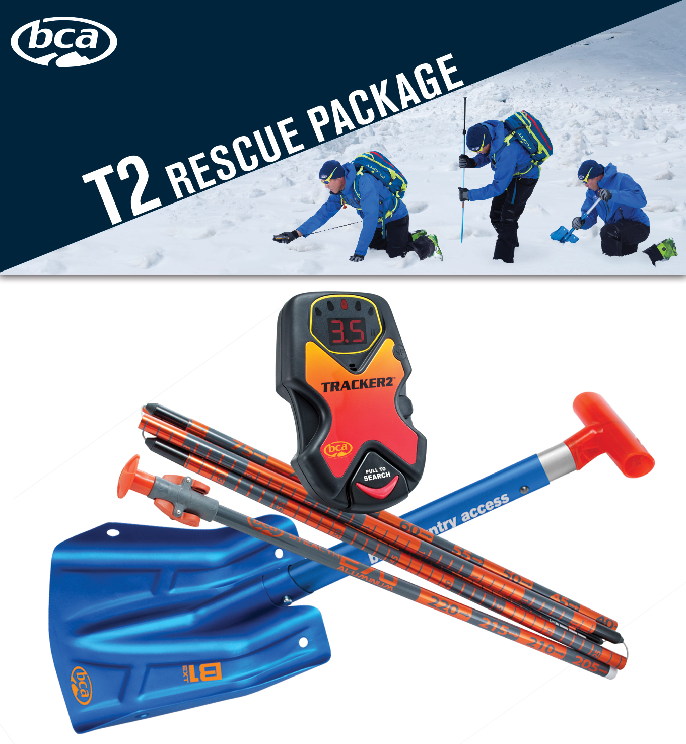 BCA T2 Rescue Package includes all of the backcountry essentials. Image: BCA