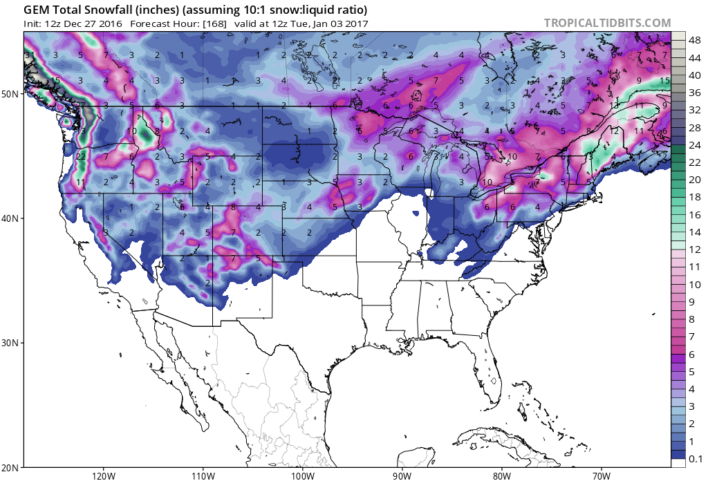 GFS forecast showing substantial snow totals over the next 6 days! Image: Tropical Tidbits    