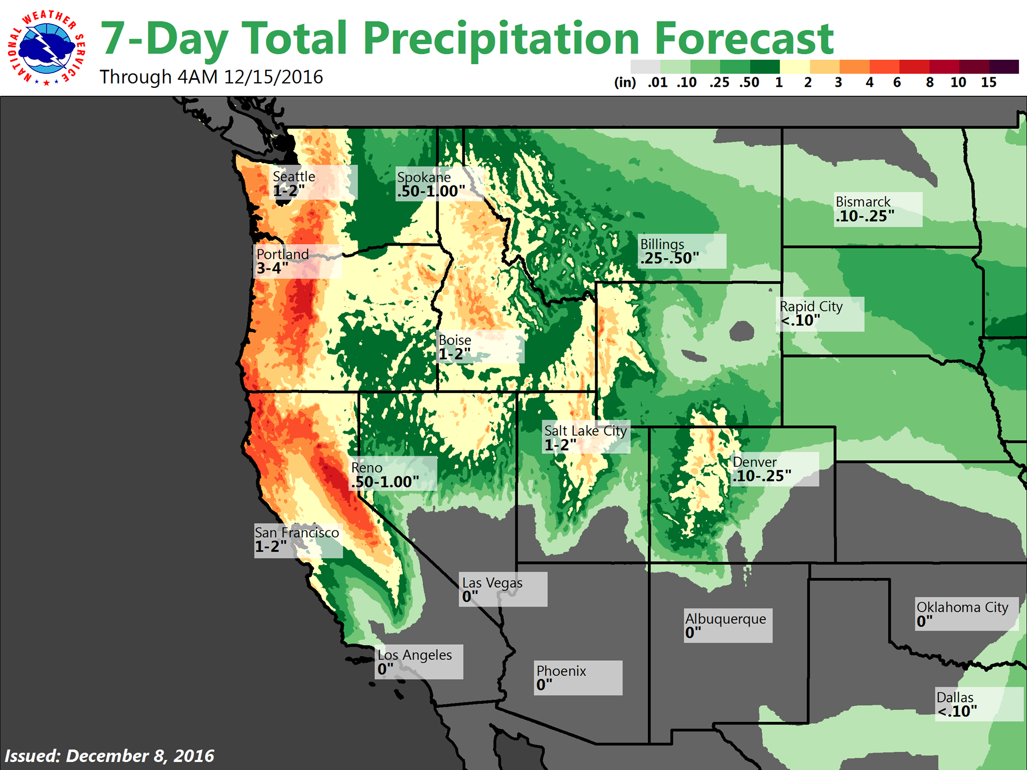 Big precip coming to the western USA with some places forecast to see over 10″ of liquid next 7 days. image: noaa, today 