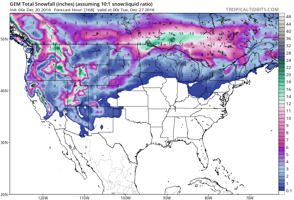 GFS forecast showing substantial snow totals over the next 7 days! Image: Tropical Tidbits                    