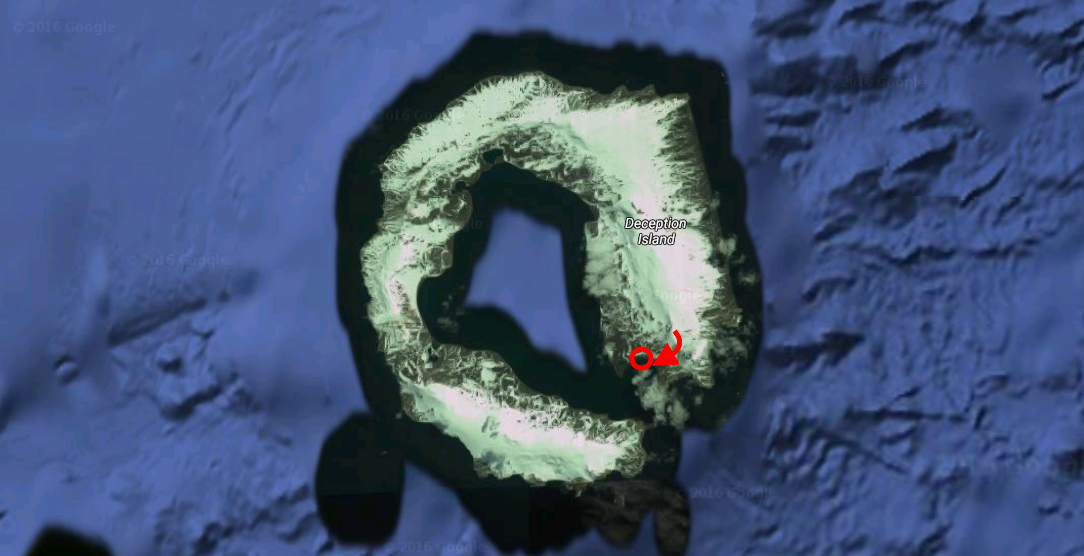 Deception Island. Red Circle = landing/pick up. Red Arrow = lines skied. 