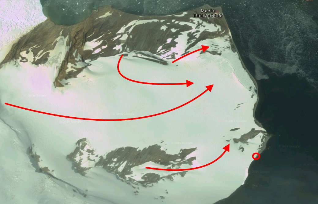 King George Island. Red Circle = landing/pick up. Red Arrow = lines skied.