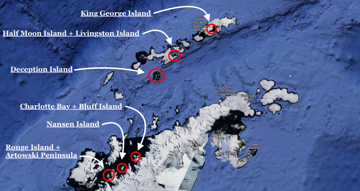 Map showing exactly where we landed on the 2016 Ice Axe Expeditions Antarctica trip. 