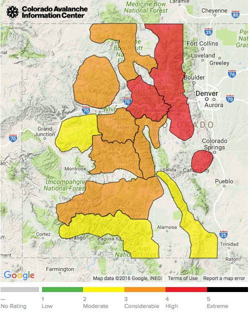 RED = High avalanche danger. image: caic, today