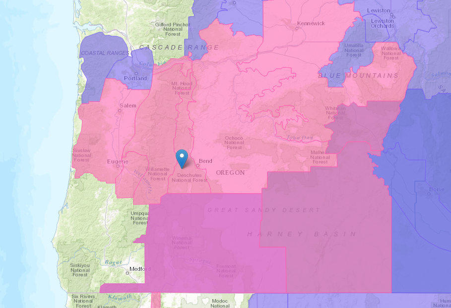 PINK = Winter Storm Warning. BLUE = Winter Storm Watch. PIN = Mt. Bachelor. image: noaa, today