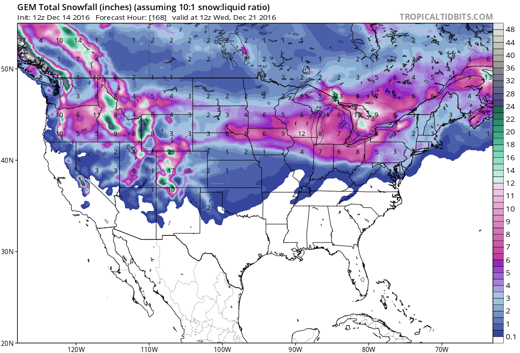 GFS forecast showing substantial snow totals over the next 6 days! Image: Tropical Tidbits 