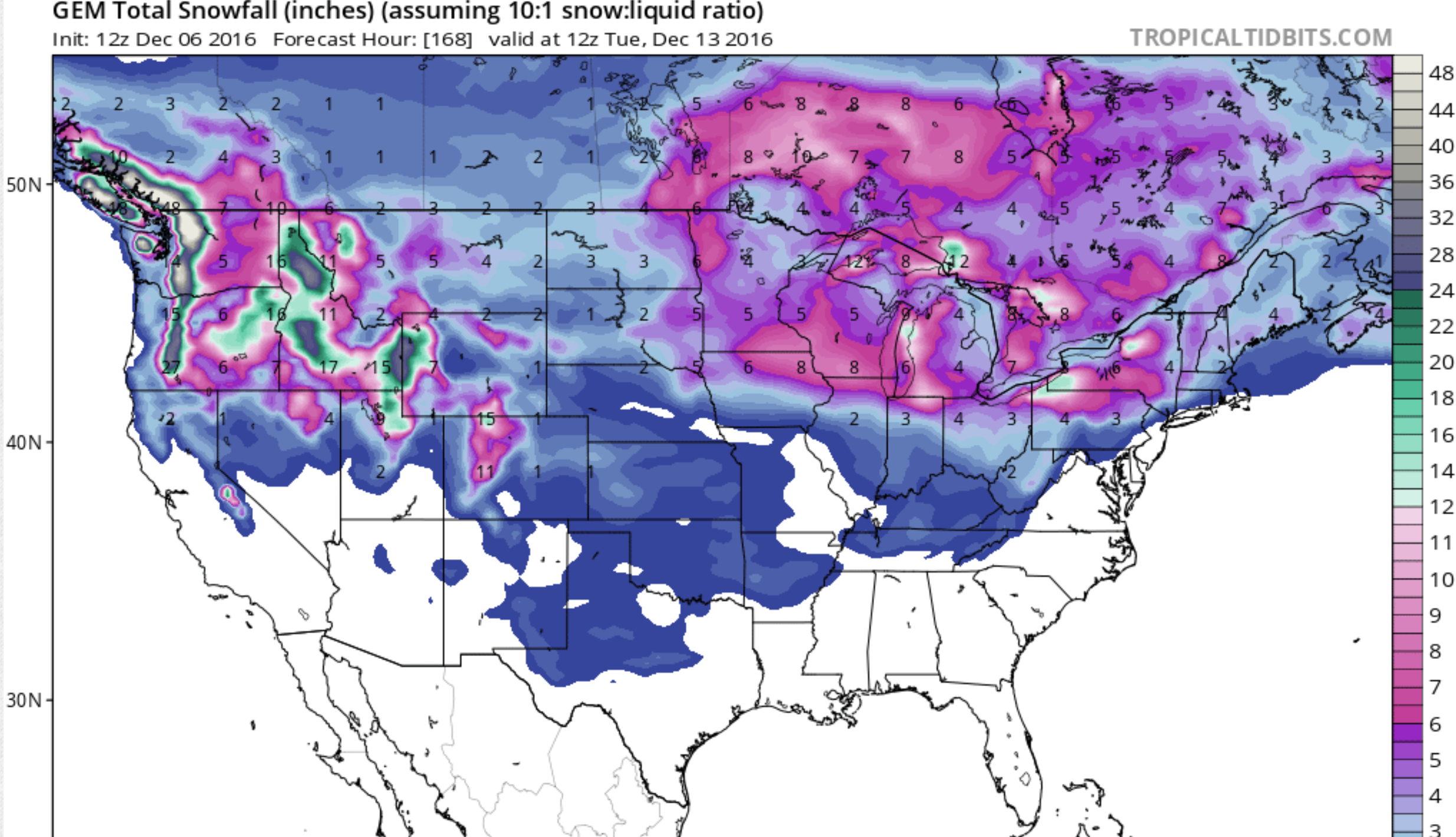 GFS forecast showing substantial snow totals over the next 7 days! Image: 