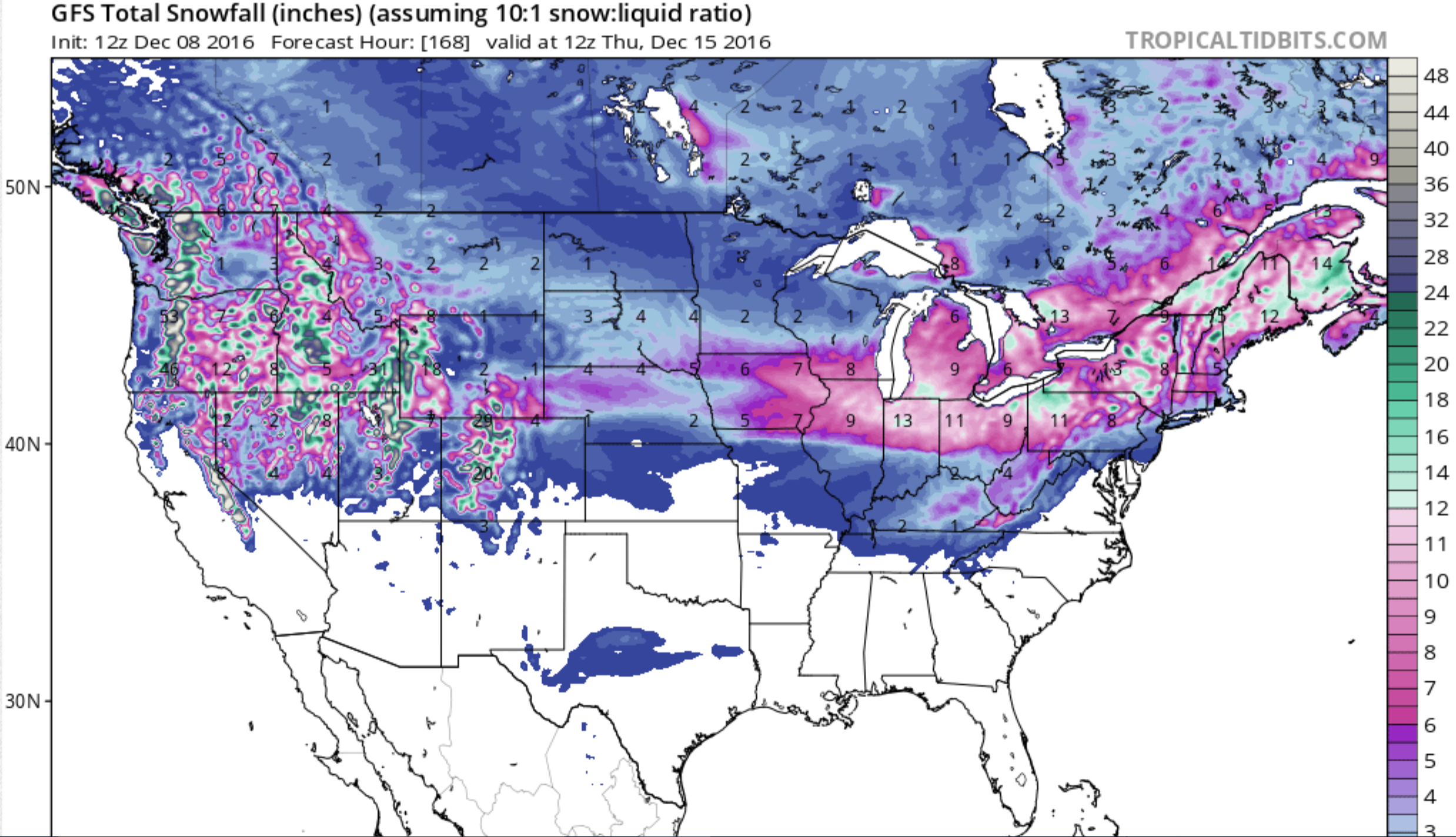 GEM model showing big snow forecast across the west next 7 days. image: tropicaltidbits.com