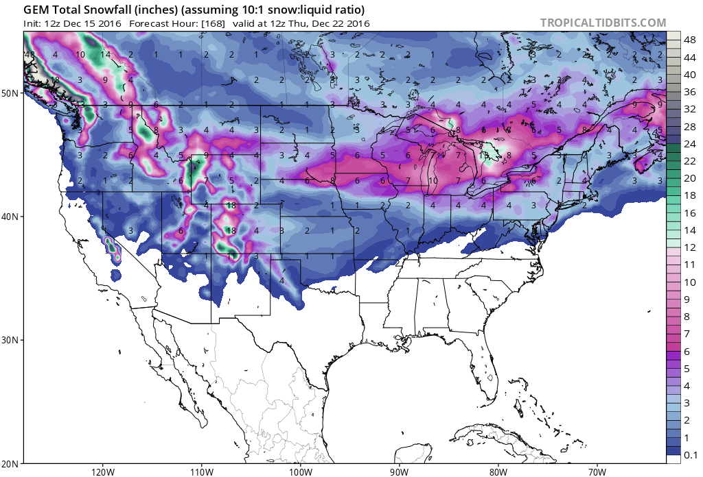 GFS forecast showing substantial snow totals over the next 6 days! Image: Tropical Tidbits