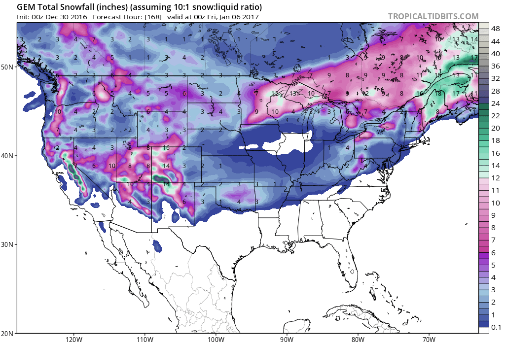 GFS forecast showing substantial snow totals over the next 6 days! Image: Tropical Tidbits                          