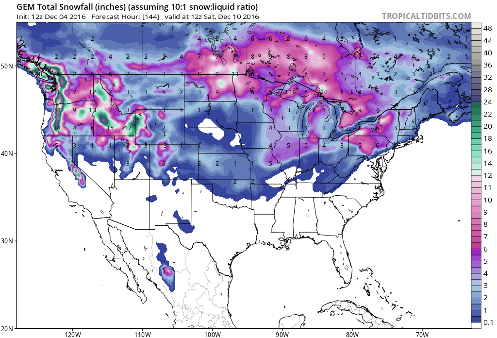 Snowfall totals over the next 6 days is looking good! Image: Tropical Tidbits