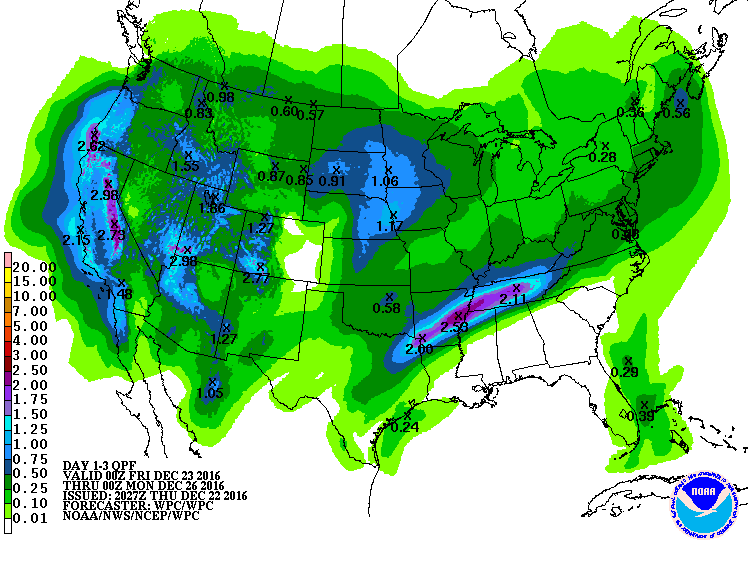 Precipitation forecast next 3 days showing big totals in the west. image: noaa, today