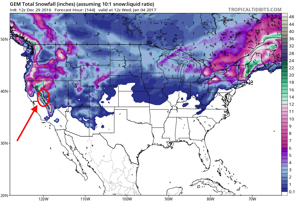 GEM snowfall forecast model showing about 20" of snow in Tahoe next 6 days (144hrs). Arrow and circle showing Tahoe. image: tropicaltidbits.com, today